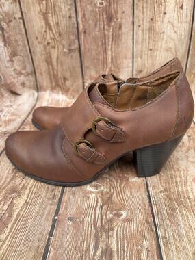b.o.c. Born Concept Women's Brown Leather Round Toe Block Heel Pumps Zip 6.5/37